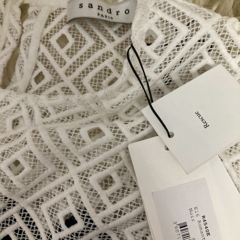 SANDRO Black & White Sleeveless Crochet Fit & Flare Dress - Picture 10 of 15
